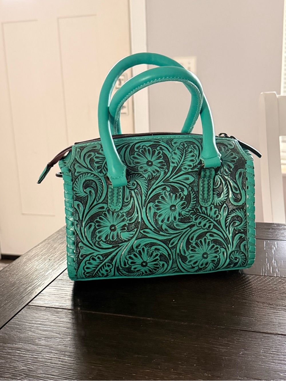 Medium Speedy Bag - Turquoise Hand-Tooled Floral - Genuine Leather